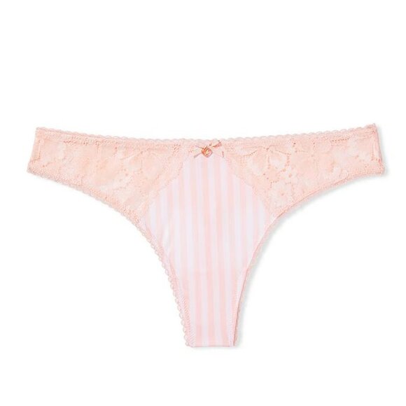 Victoria Secret Body by Victoria Satin Lace Thong Panty Size S Pink White Stripe - Picture 2 of 7